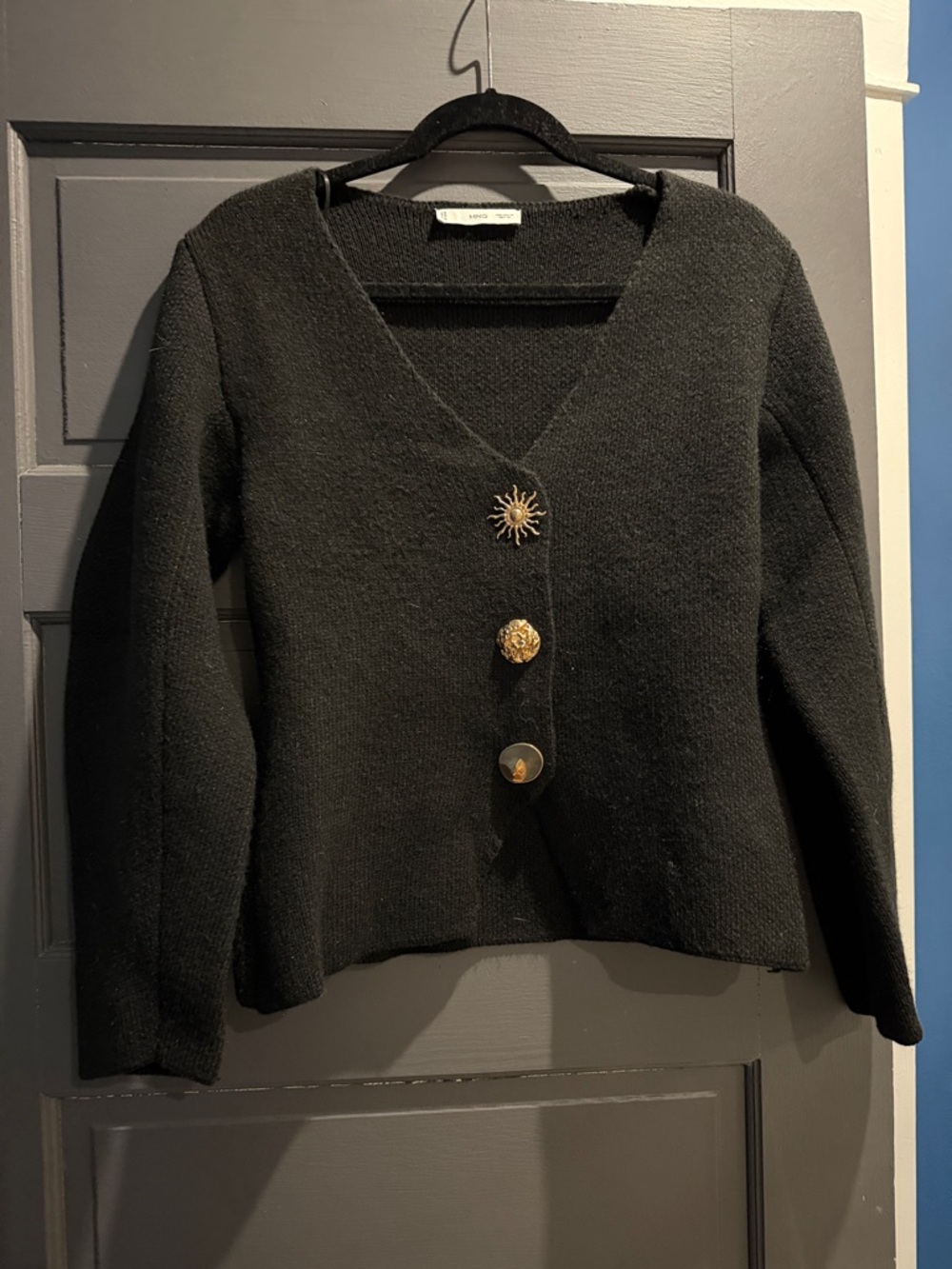 Mango Black V-Neck Cardigan with Decorative Gold Buttons